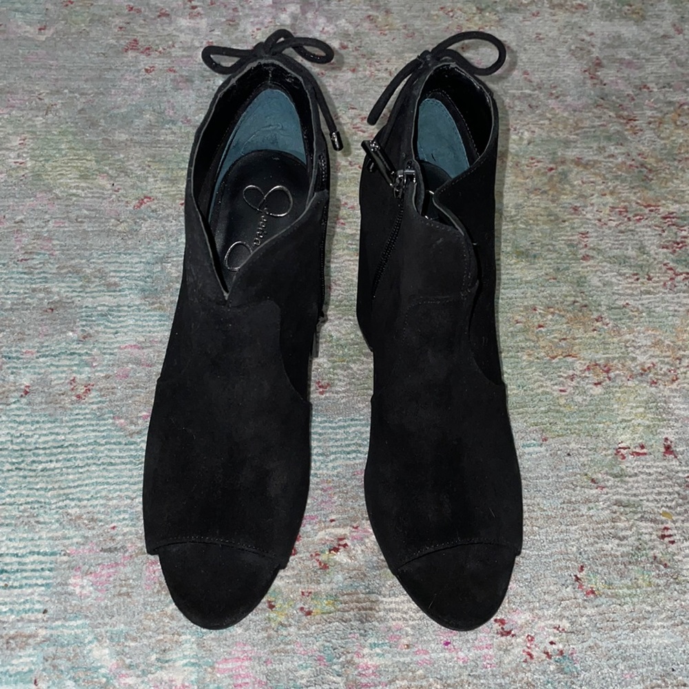 NWB Jessica Simpson open toe bootie - Black Split Suede - Women’s size 8